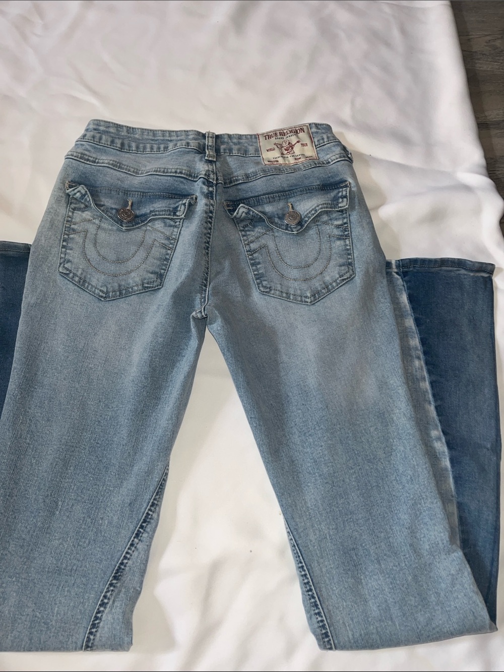 True Religion Light Blue Straight Leg Jeans with Signature Back Pockets